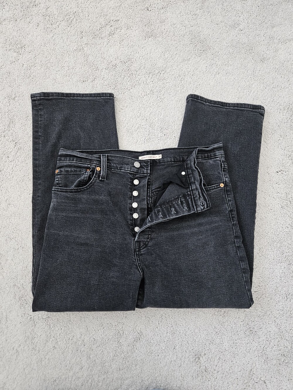 Levis | Ribcage Straight Ankle Button Fly Washed Black Denim Jeans, Womens 32